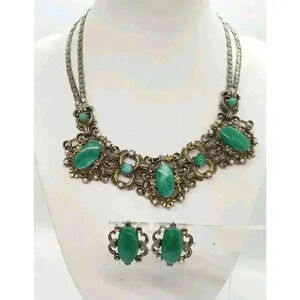 VTG Selro Selini unsigned Emerald Green Cabochon Necklace & Earrings Catalog Pc